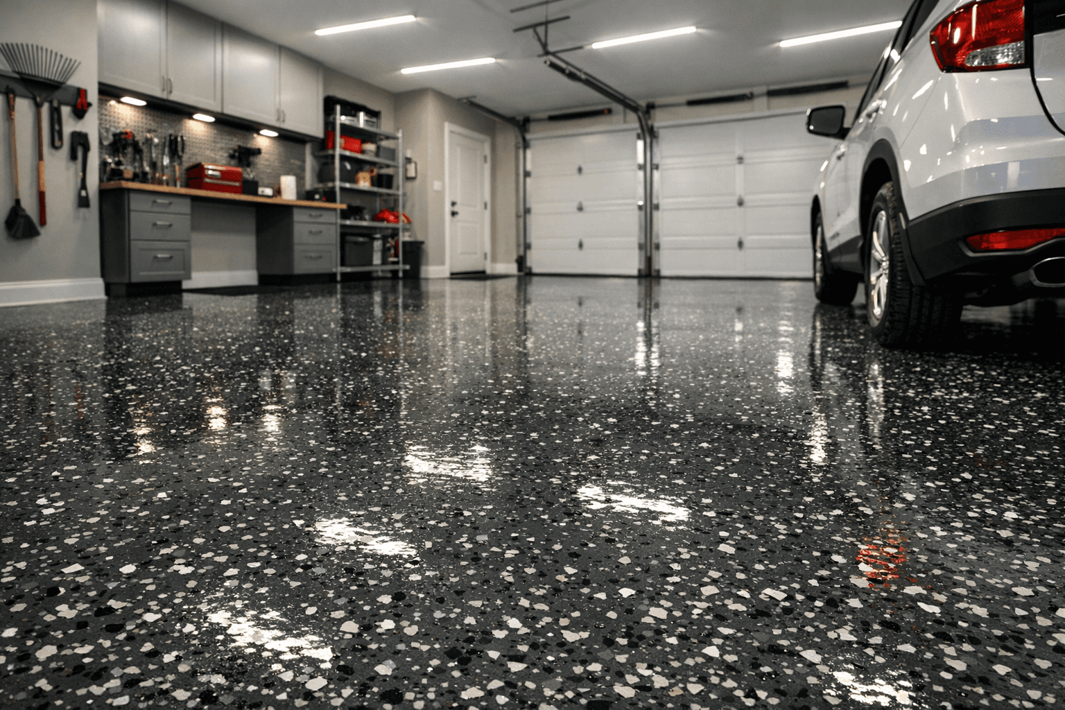 Professionally installed epoxy garage floor in a Huntsville, AL home — glossy charcoal chip flake finish