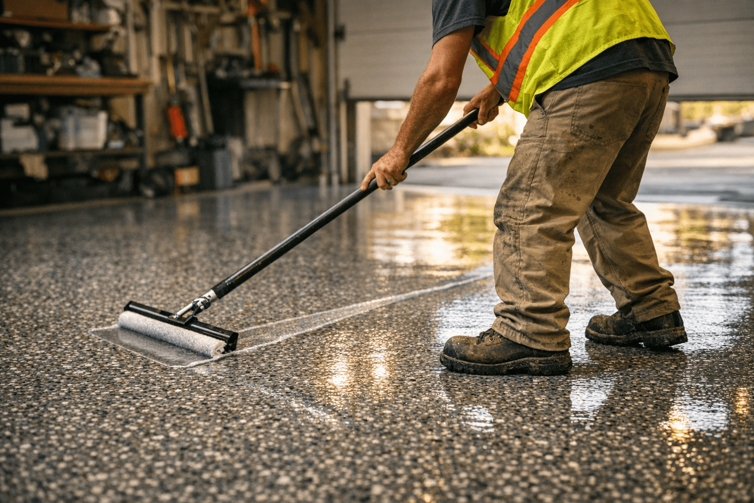 Chris Clark on a professional epoxy garage floor installation job site