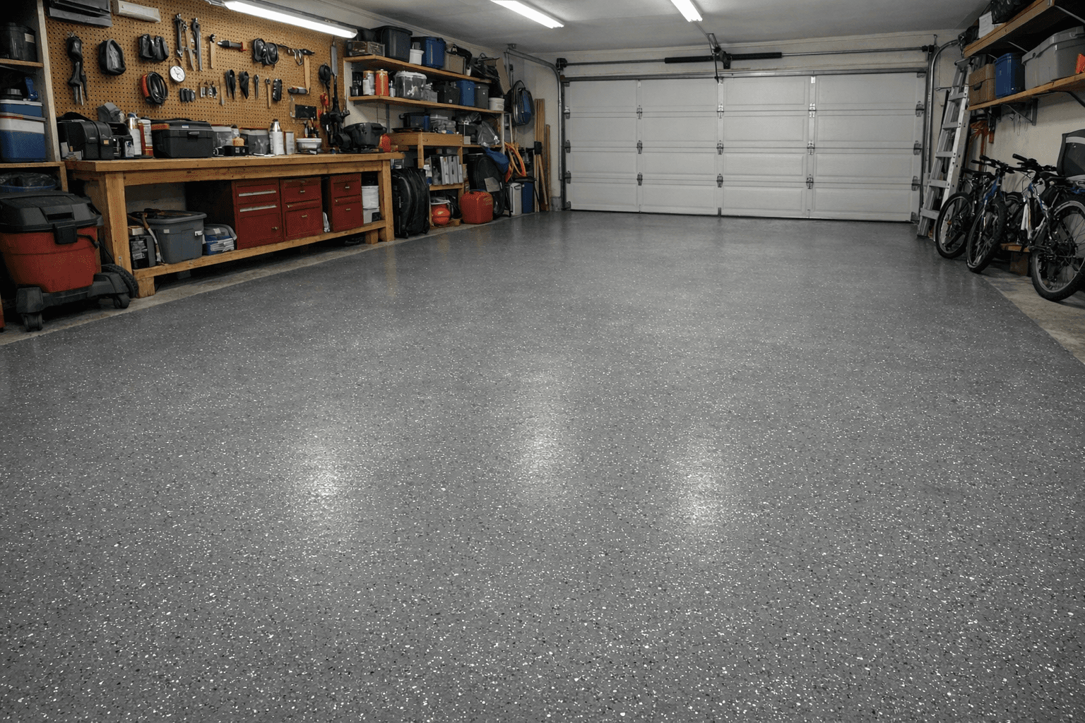 Beautifully finished epoxy garage floor with glossy professional coating