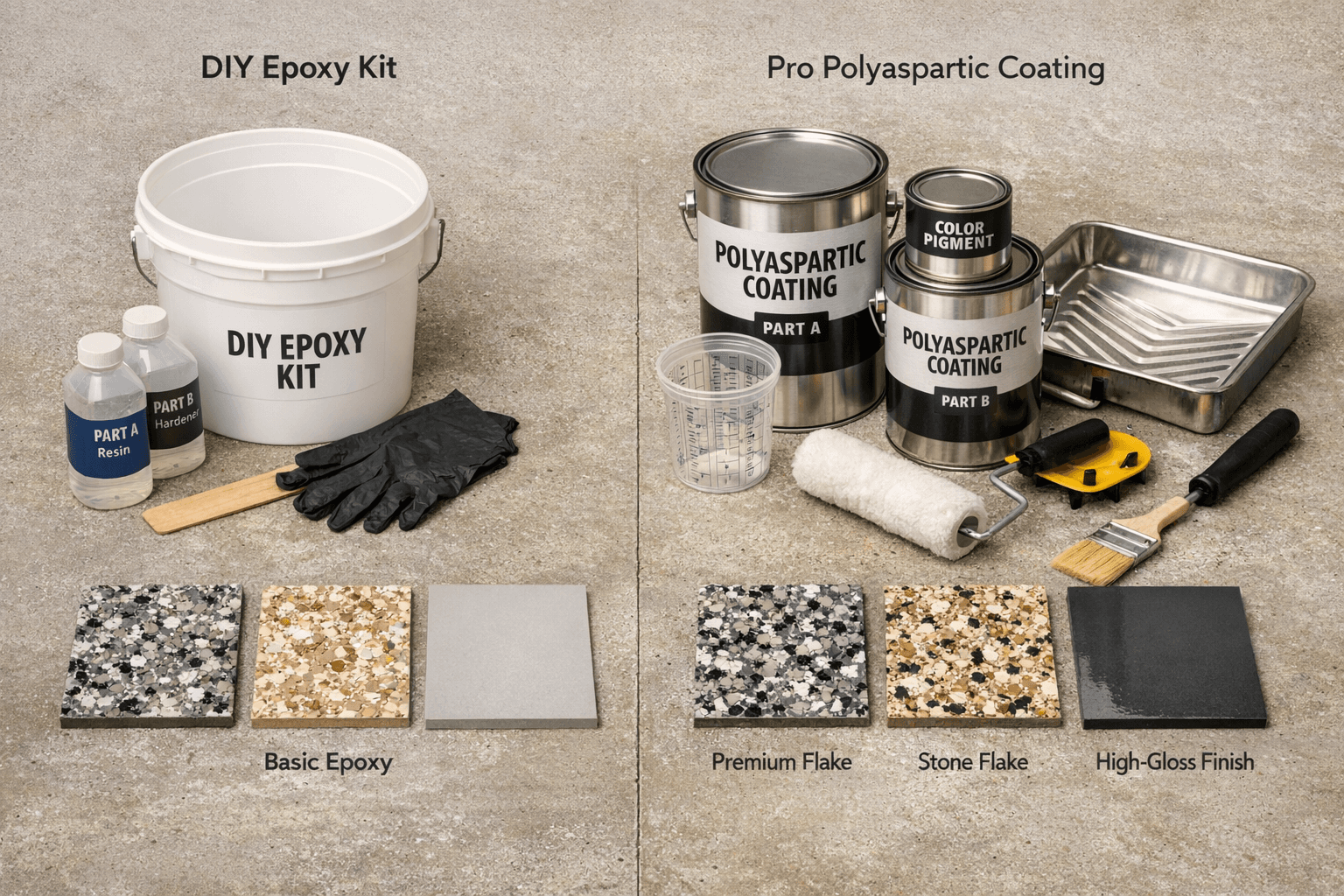 DIY epoxy bucket kit versus professional polyaspartic coating products side by side