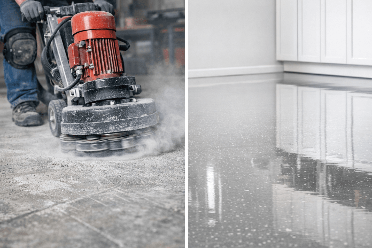 Side-by-side comparison of concrete surface preparation versus finished epoxy floor