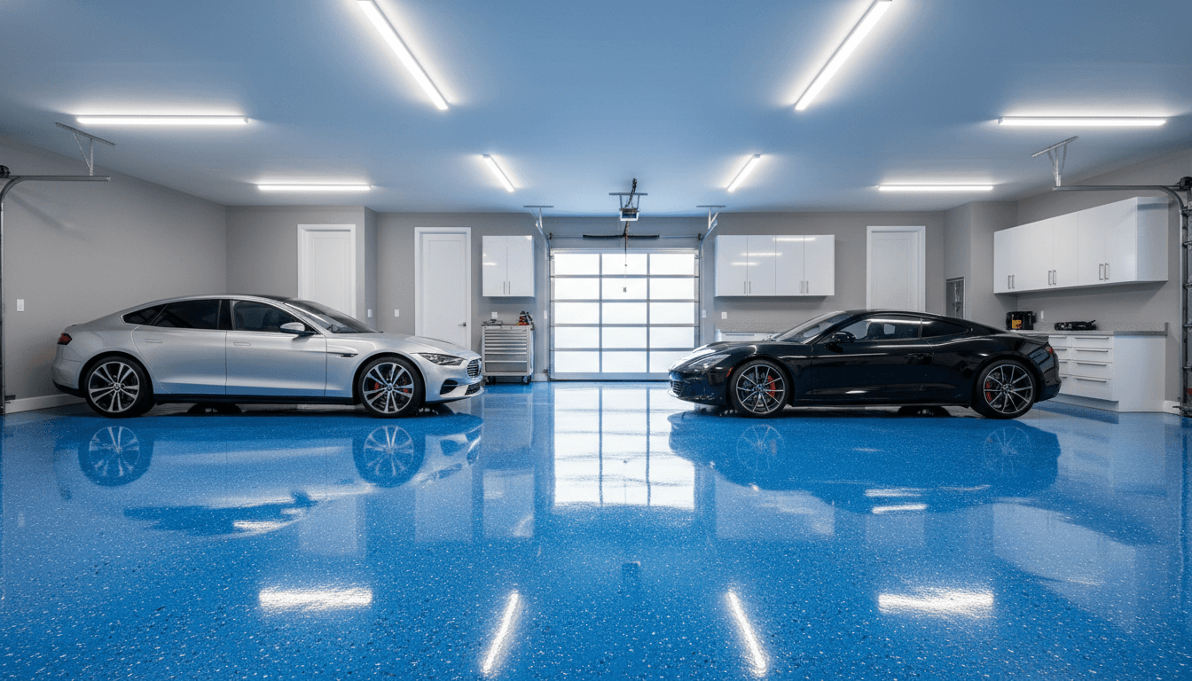 Beautifully finished garage floor with professional polyaspartic coating in Huntsville home