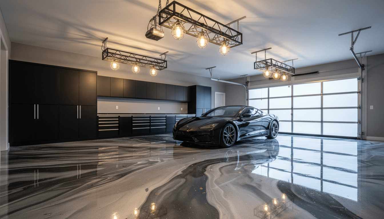 Modern epoxy garage floor with professional finish and glossy surface