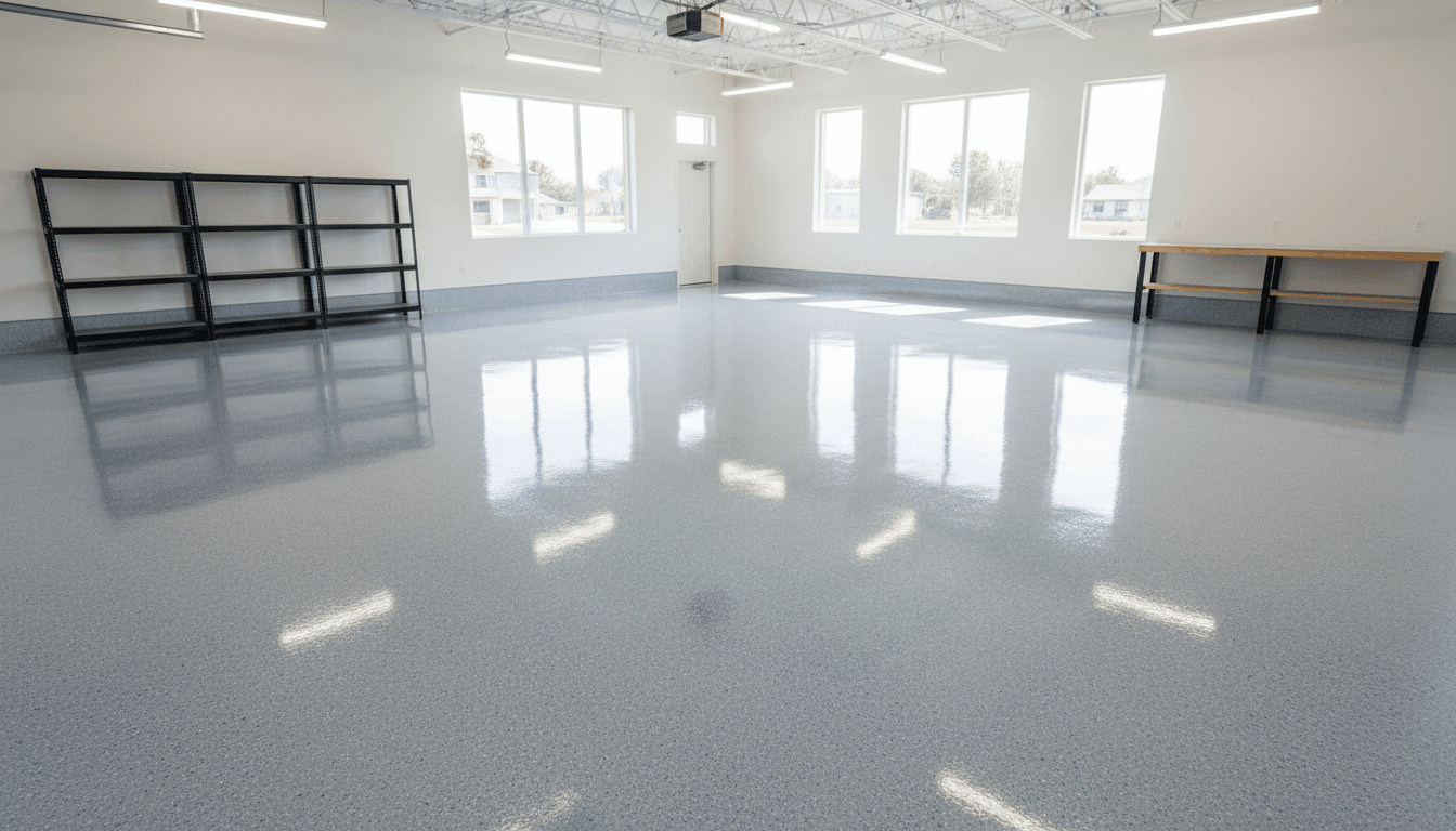 Pristine epoxy garage floor with high-gloss polyaspartic coating