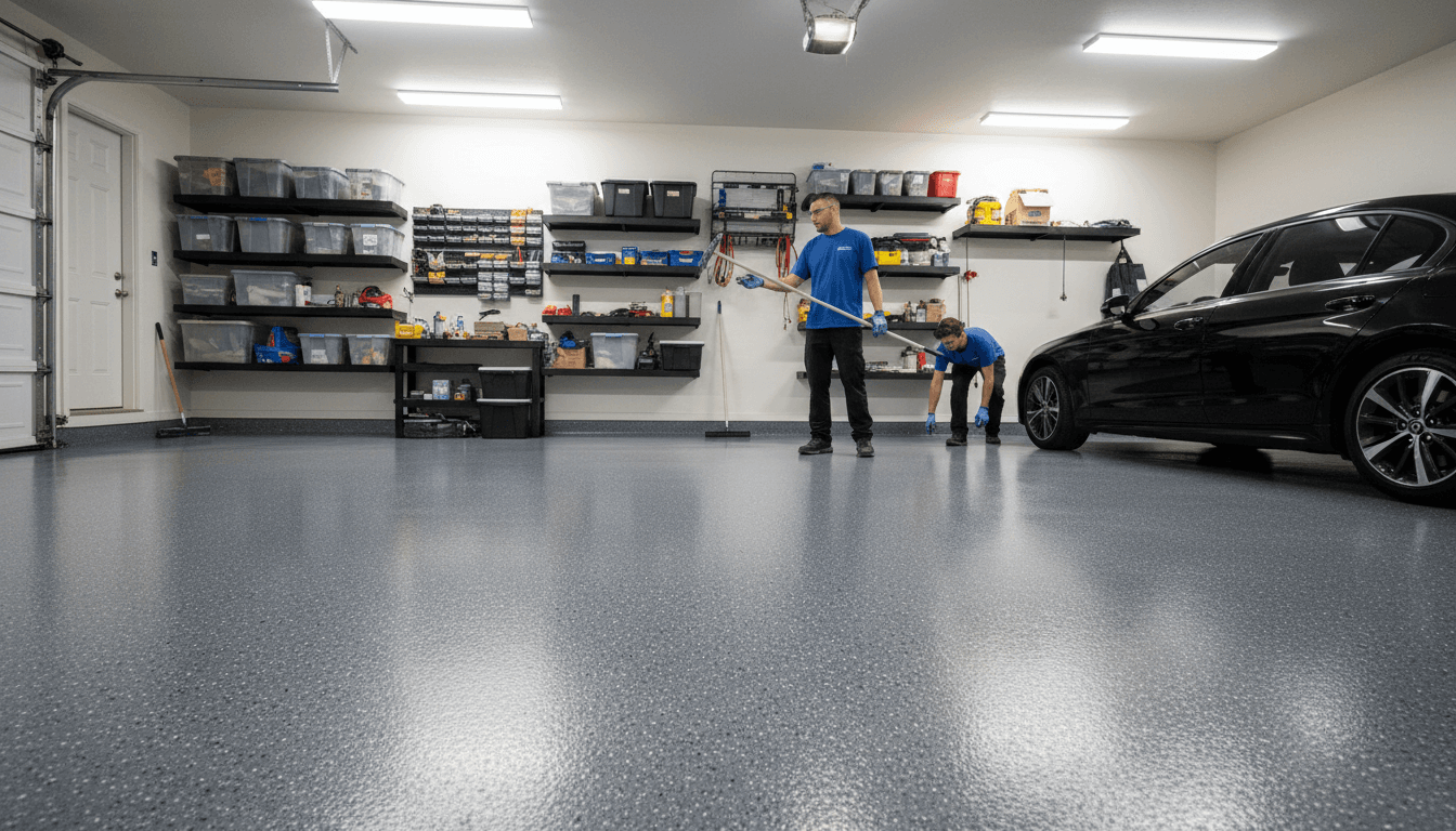 Garage floor before epoxy application showing cracks and stains