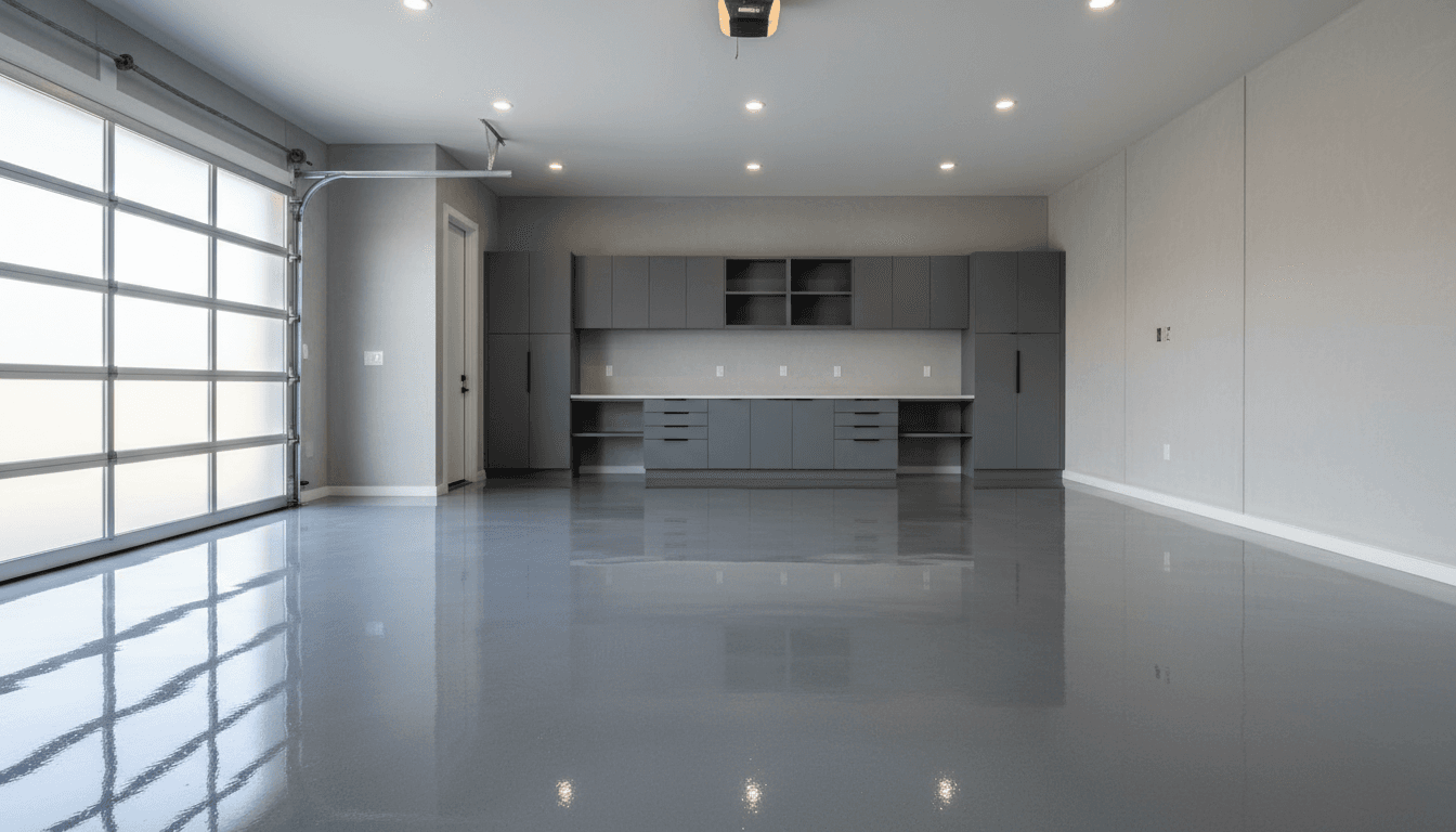 Finished epoxy garage floor with professional high-gloss coating and modern appearance