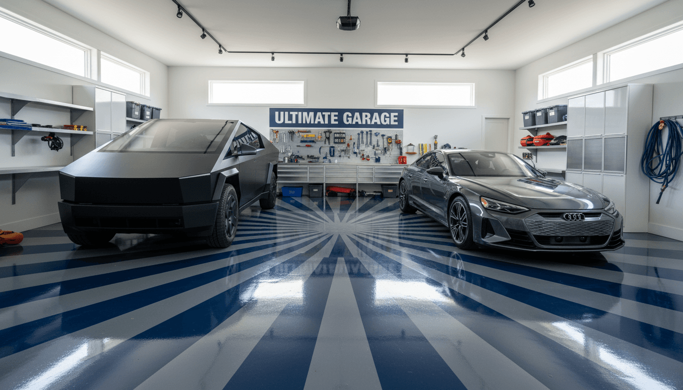 Same garage floor after epoxy coating with glossy durable finish